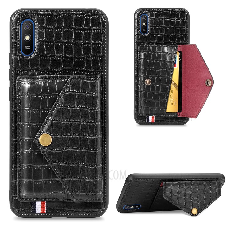 Crocodile Skin PU Leather Coated TPU Shell with Card Slot Kickstand for Xiaomi Redmi 9A - Black-1