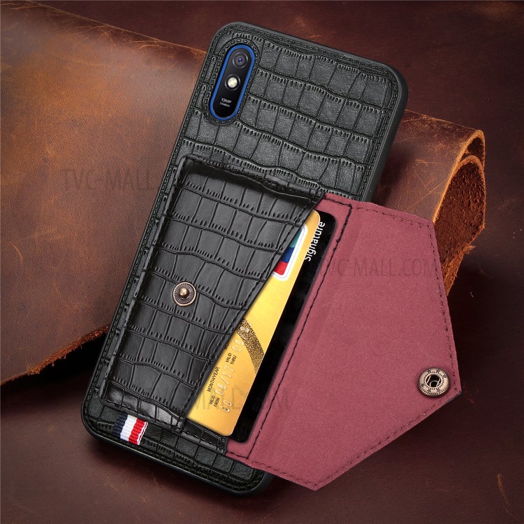 Crocodile Skin PU Leather Coated TPU Shell with Card Slot Kickstand for Xiaomi Redmi 9A - Black-10