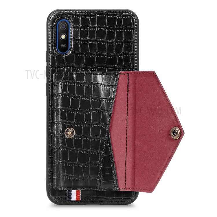 Crocodile Skin PU Leather Coated TPU Shell with Card Slot Kickstand for Xiaomi Redmi 9A - Black-2