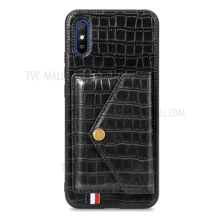 Crocodile Skin PU Leather Coated TPU Shell with Card Slot Kickstand for Xiaomi Redmi 9A - Black-3