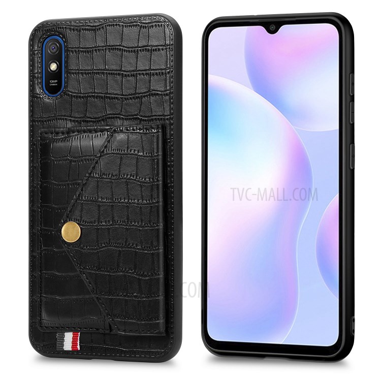 Crocodile Skin PU Leather Coated TPU Shell with Card Slot Kickstand for Xiaomi Redmi 9A - Black-4