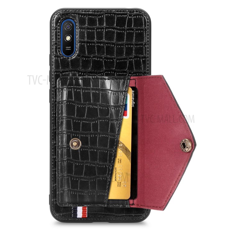 Crocodile Skin PU Leather Coated TPU Shell with Card Slot Kickstand for Xiaomi Redmi 9A - Black-5