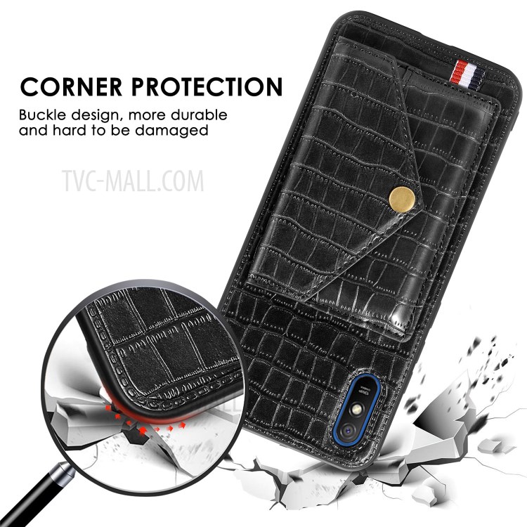 Crocodile Skin PU Leather Coated TPU Shell with Card Slot Kickstand for Xiaomi Redmi 9A - Black-6