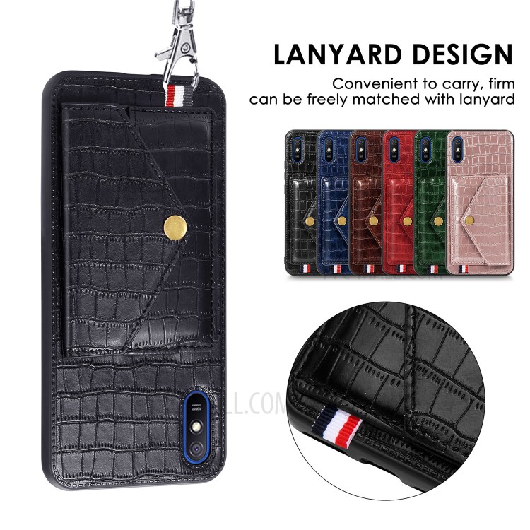 Crocodile Skin PU Leather Coated TPU Shell with Card Slot Kickstand for Xiaomi Redmi 9A - Black-7