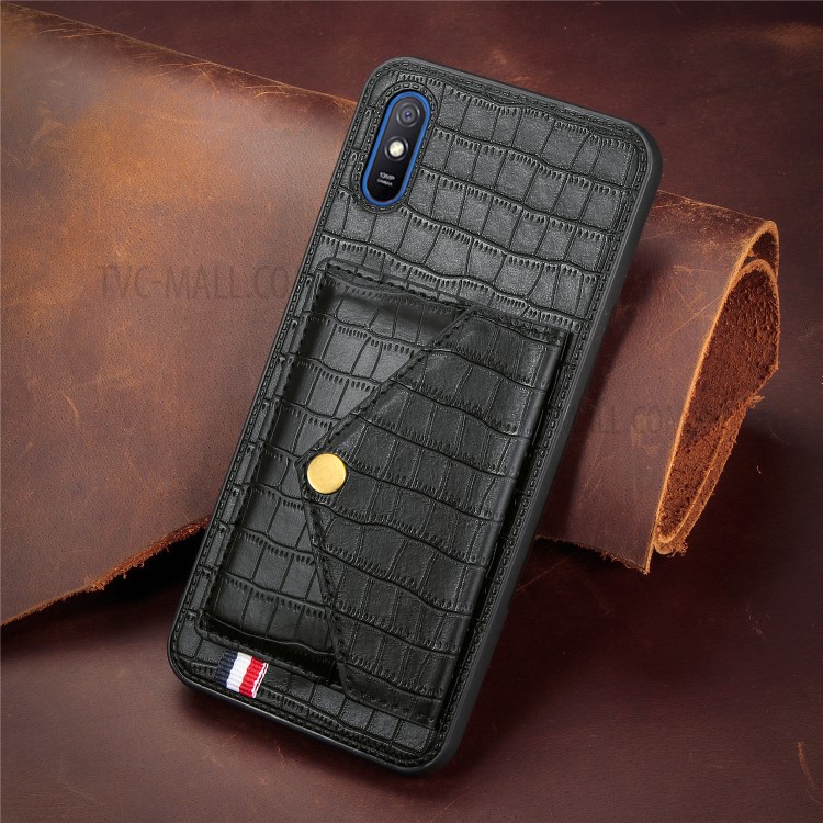 Crocodile Skin PU Leather Coated TPU Shell with Card Slot Kickstand for Xiaomi Redmi 9A - Black-9