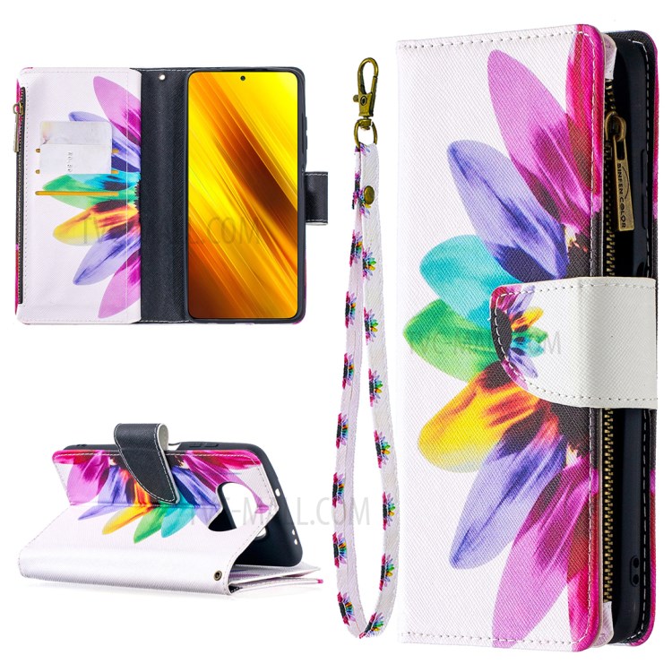 BF03 Pattern Printing Zipper Wallet Leather Phone Case for Xiaomi Poco X3 - Colorized Flower-1