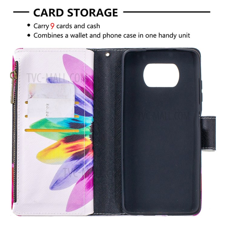 BF03 Pattern Printing Zipper Wallet Leather Phone Case for Xiaomi Poco X3 - Colorized Flower-6
