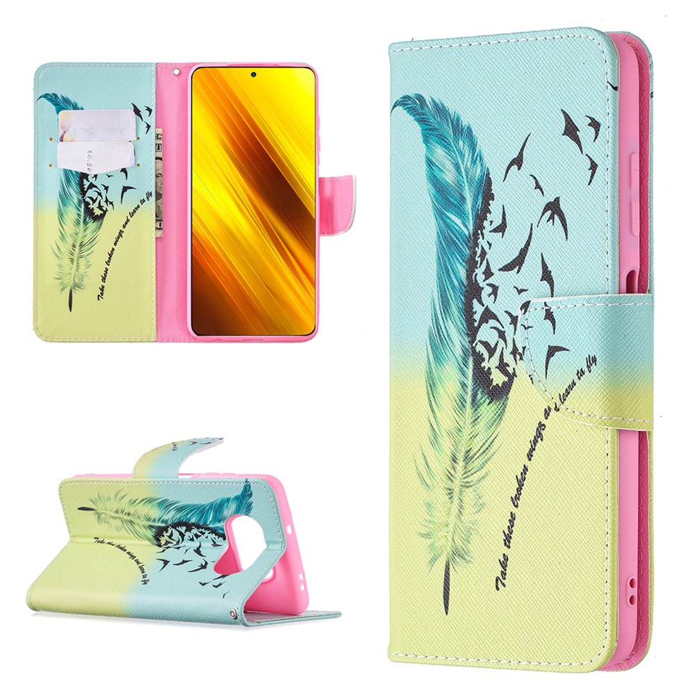Pattern Printing Leather Wallet Protective Shell for Xiaomi Poco X3 - Feather-1