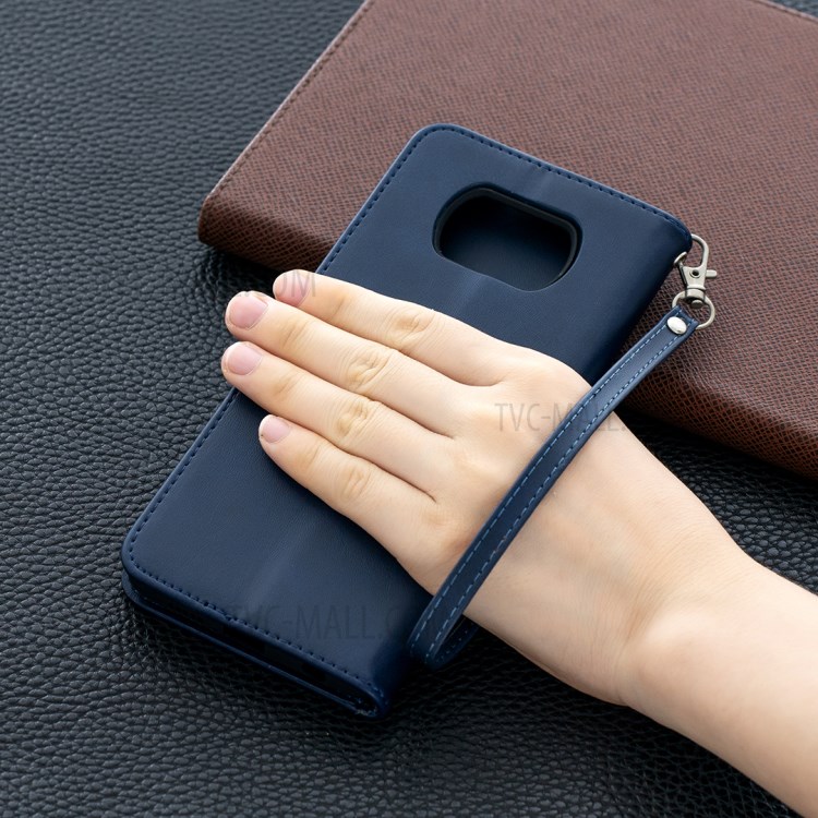 PU Leather Wallet Stand Phone Case with Handy Strap for Xiaomi Poco X3 / Poco X3 NFC - Blue-9