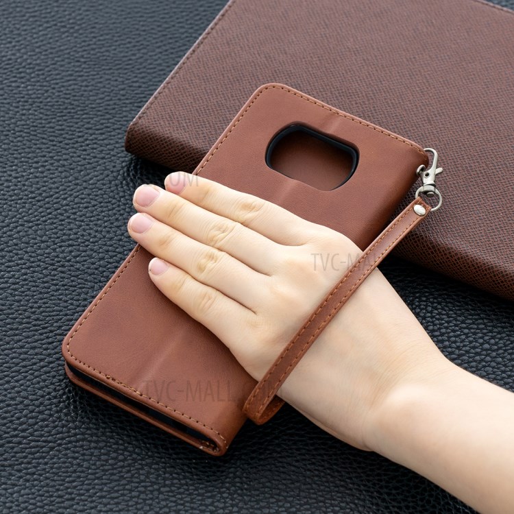 PU Leather Wallet Stand Phone Case with Handy Strap for Xiaomi Poco X3 / Poco X3 NFC - Coffee-9