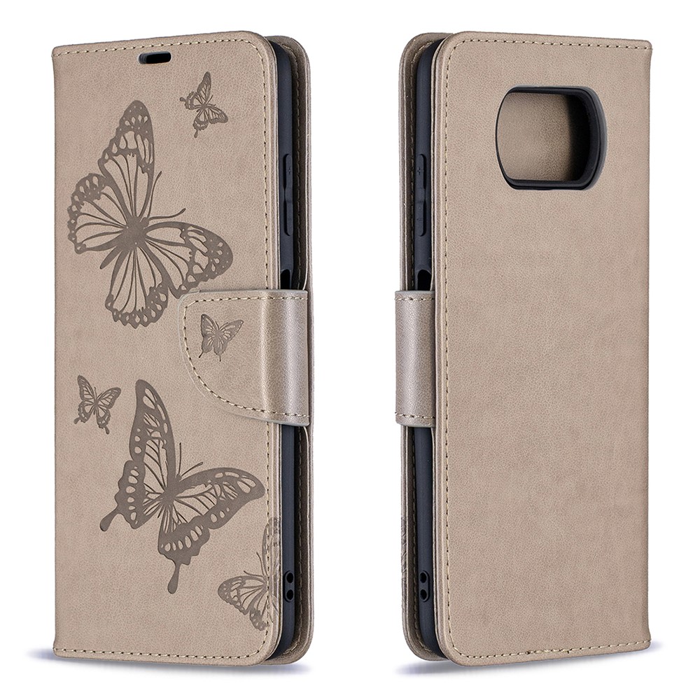Imprint Butterflies Pattern Wallet Stand Leather Cover for Xiaomi Poco X3 - Grey-2