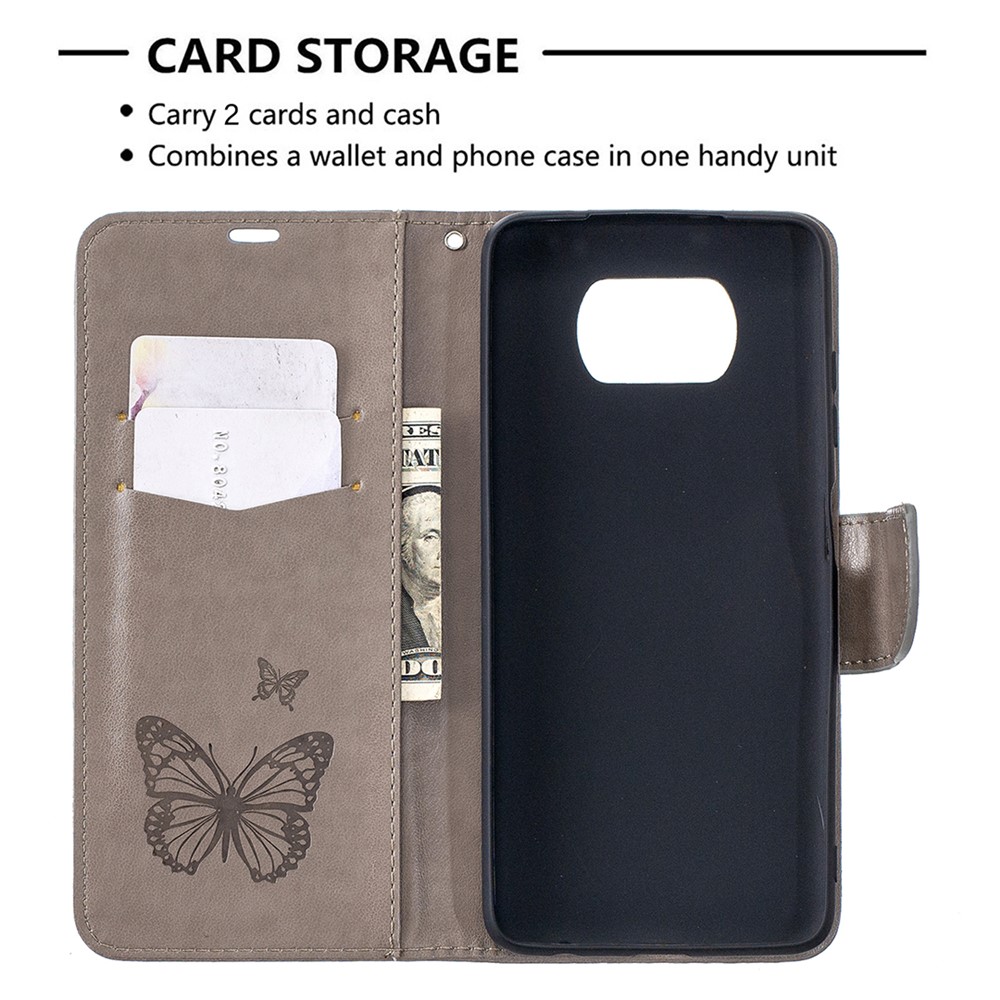 Imprint Butterflies Pattern Wallet Stand Leather Cover for Xiaomi Poco X3 - Grey-6