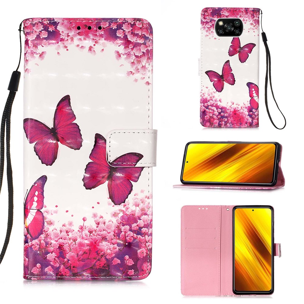 Light Spot Decor Pattern Printing Wallet Stand Leather Phone Casing with Strap for Xiaomi Poco X3 NFC - Rose Butterfly-1