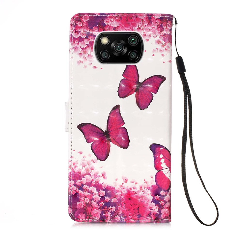 Modèle de Décoration de Spot Léger Portefeuille Portefeuille Support de Téléphone en Cuir Avec Sangle Pour Xiaomi Poco X3 NFC / Poco X3 - Papillon Rose