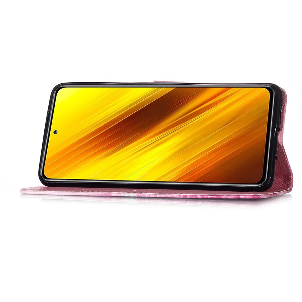 Light Spot Decor Pattern Printing Wallet Stand Leather Phone Casing with Strap for Xiaomi Poco X3 NFC - Rose Butterfly-5