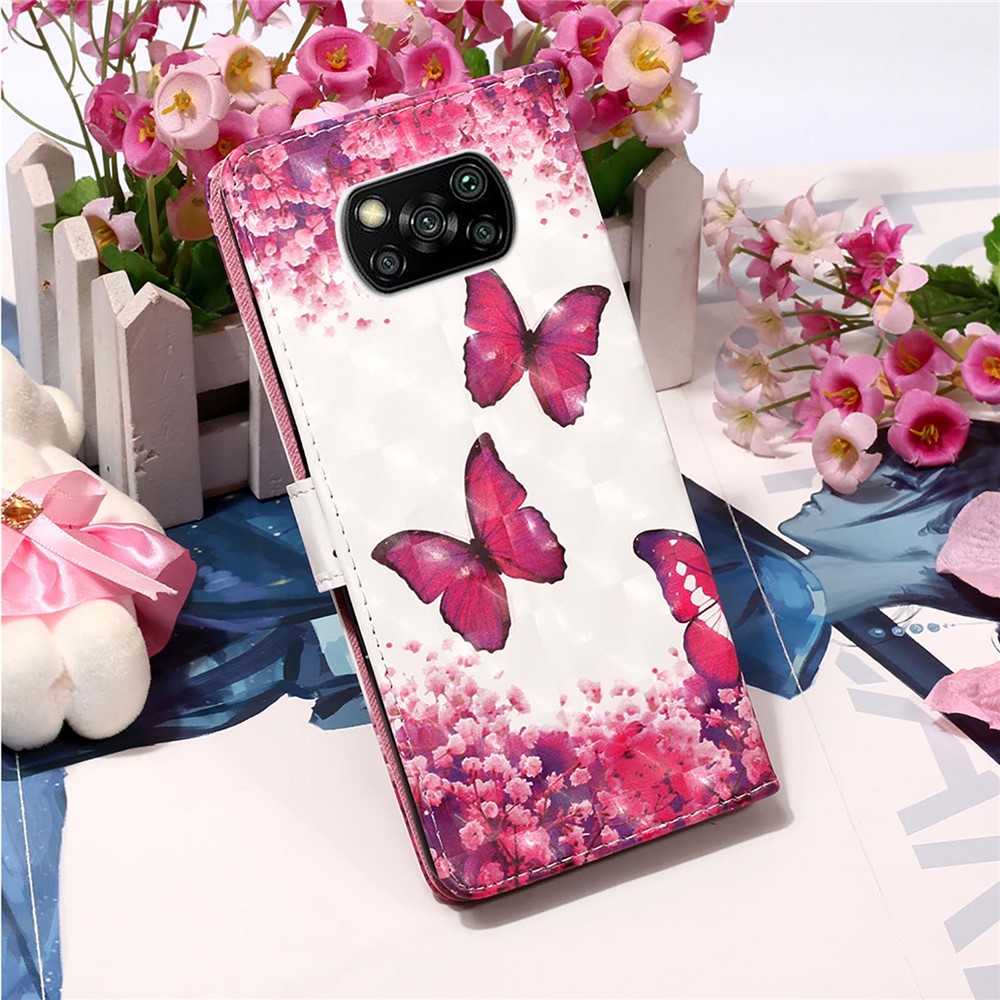 Light Spot Decor Pattern Printing Wallet Stand Leather Phone Casing with Strap for Xiaomi Poco X3 NFC - Rose Butterfly-8