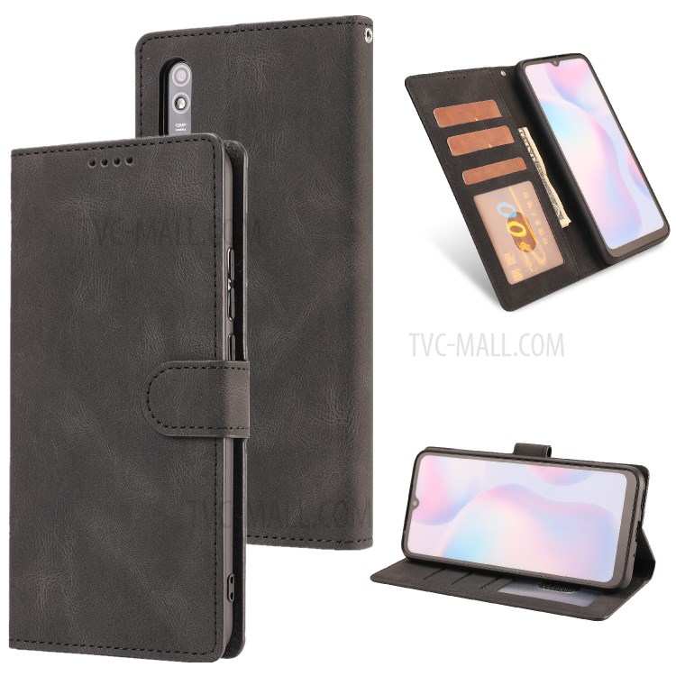 Matte Surface Leather Wallet Phone Cover Shell for Xiaomi Redmi 9A - Black-1
