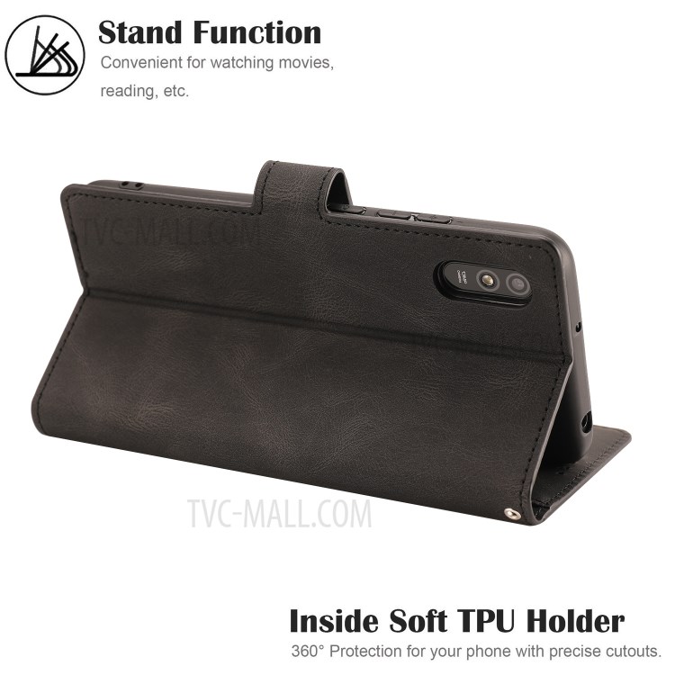 Matte Surface Leather Wallet Phone Cover Shell for Xiaomi Redmi 9A - Black-12