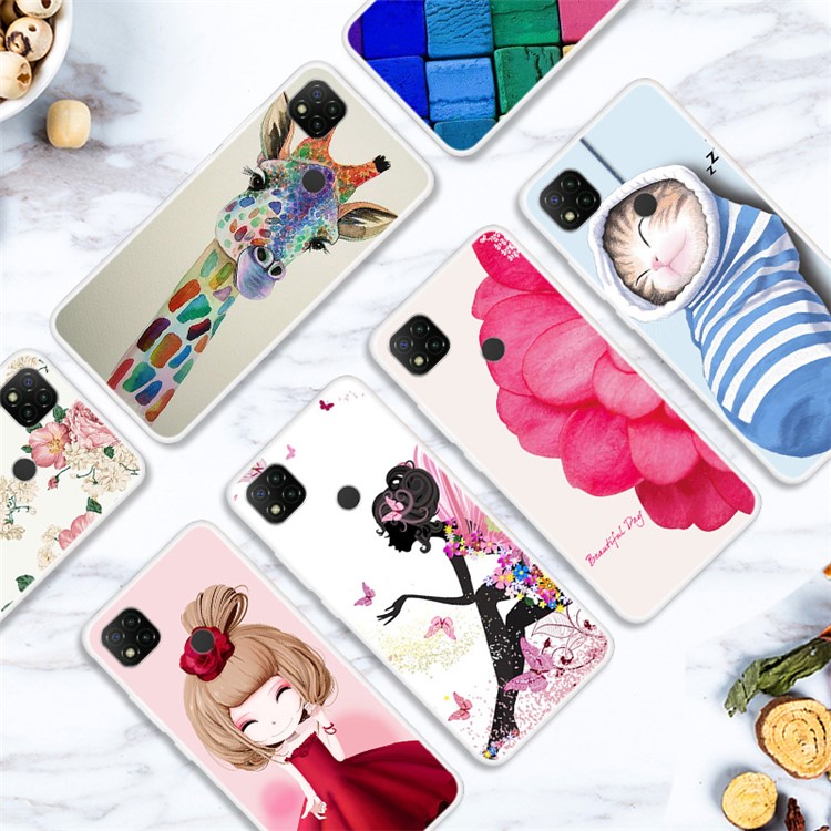 Pattern Printing Soft TPU Protector Shell for Xiaomi Redmi 9C - Girl/Flower-3