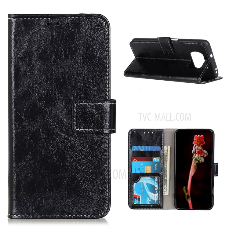 Vintage Style Crazy Horse Texture Leather Wallet Phone Protective Shell for Xiaomi Poco X3/Poco X3 NFC - Black-1