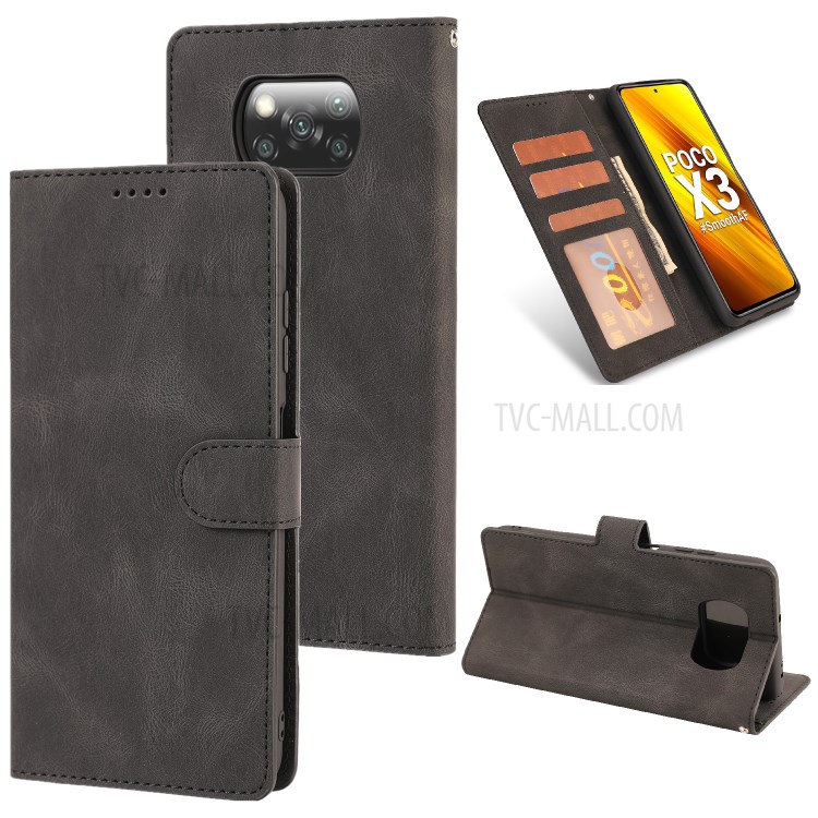 Classic Leather Wallet Phone Cover Case with Wrist Strap for Xiaomi Poco X3/X3 NFC - Black-1