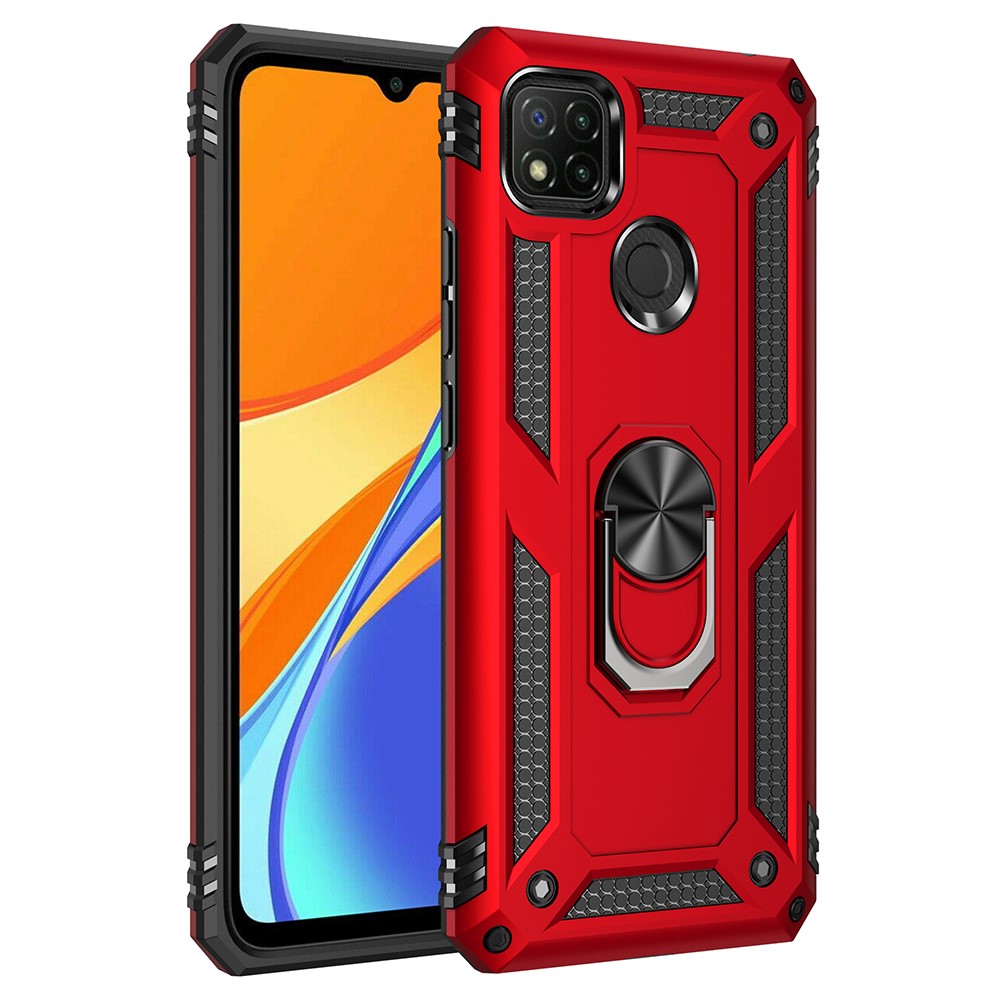 Ring Holder Kickstand Shockproof PC + TPU Combo Case Accessory for Xiaomi Redmi 9C - Red-1
