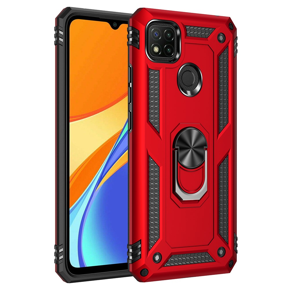 Para Xiaomi Redmi 9C/Redmi 9C NFC Ring Holder Kickstand Choque PC + TPU Combo Case Acessório - Vermelho