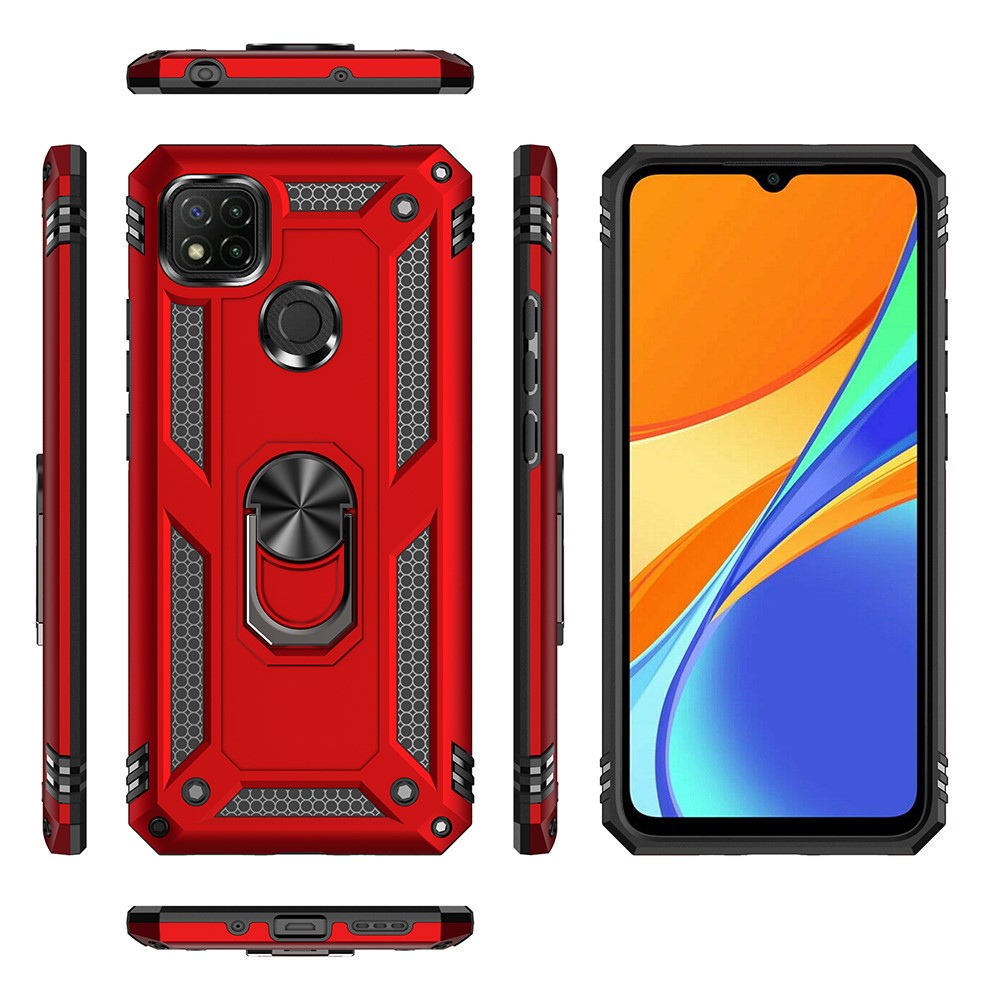 Para Xiaomi Redmi 9C/Redmi 9C NFC Ring Holder Kickstand Choque PC + TPU Combo Case Acessório - Vermelho