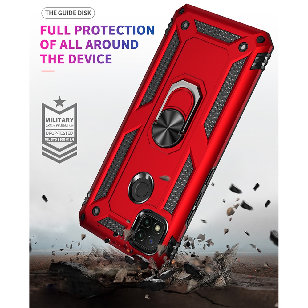 Para Xiaomi Redmi 9C/Redmi 9C NFC Ring Holder Kickstand Choque PC + TPU Combo Case Acessório - Vermelho