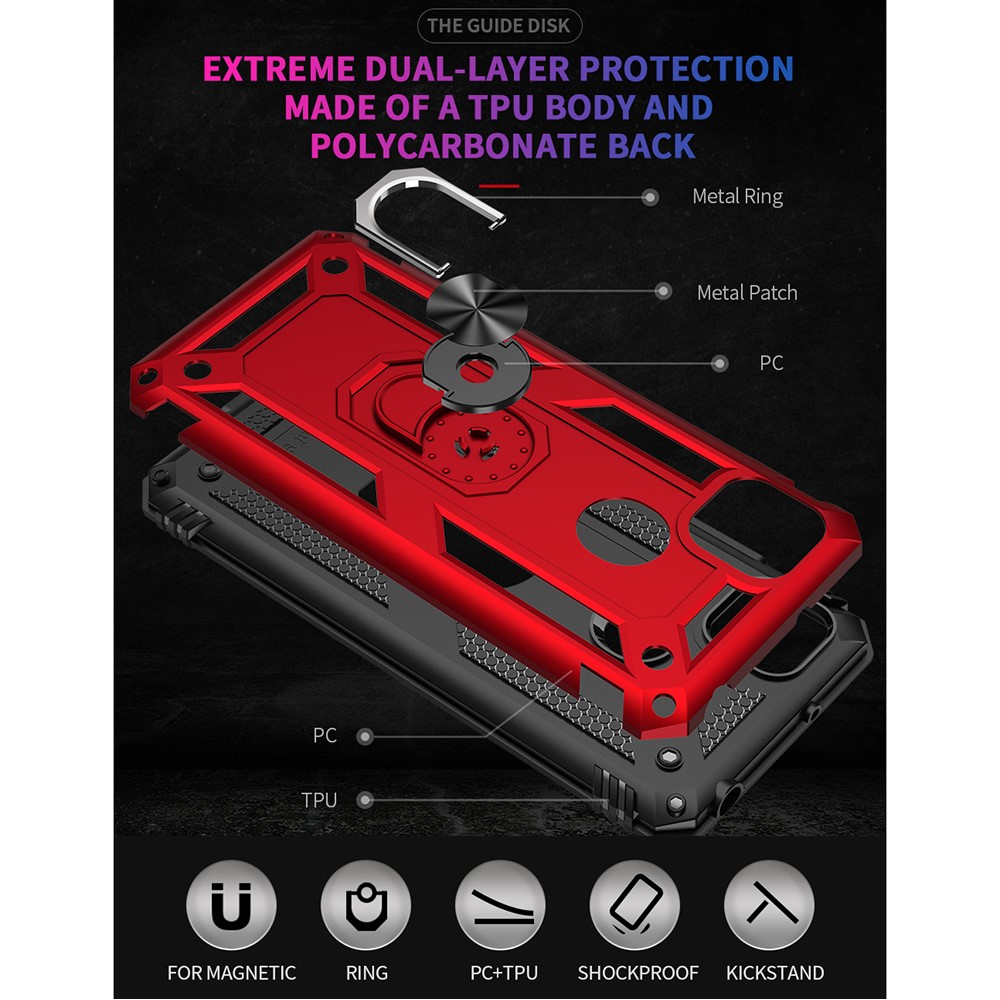 Para Xiaomi Redmi 9C/Redmi 9C NFC Ring Holder Kickstand Choque PC + TPU Combo Case Acessório - Vermelho