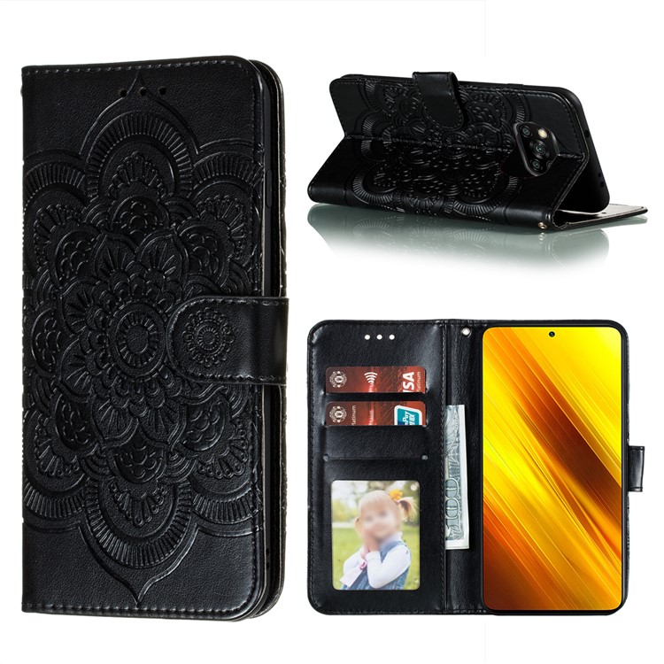 Imprint Mandala Flower Leather Protective Cover for Xiaomi Poco X3 NFC - Black-1