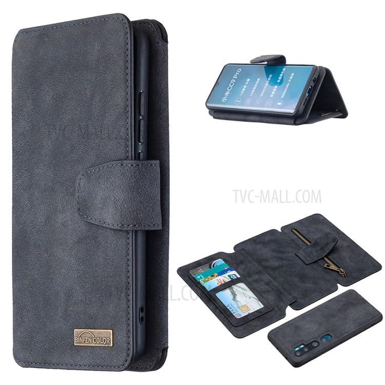 Matte Surface Leather Wallet Stand Detachable 2 in 1 Cell Phone Cover Case for Xiaomi Mi CC9 Pro - Black-1