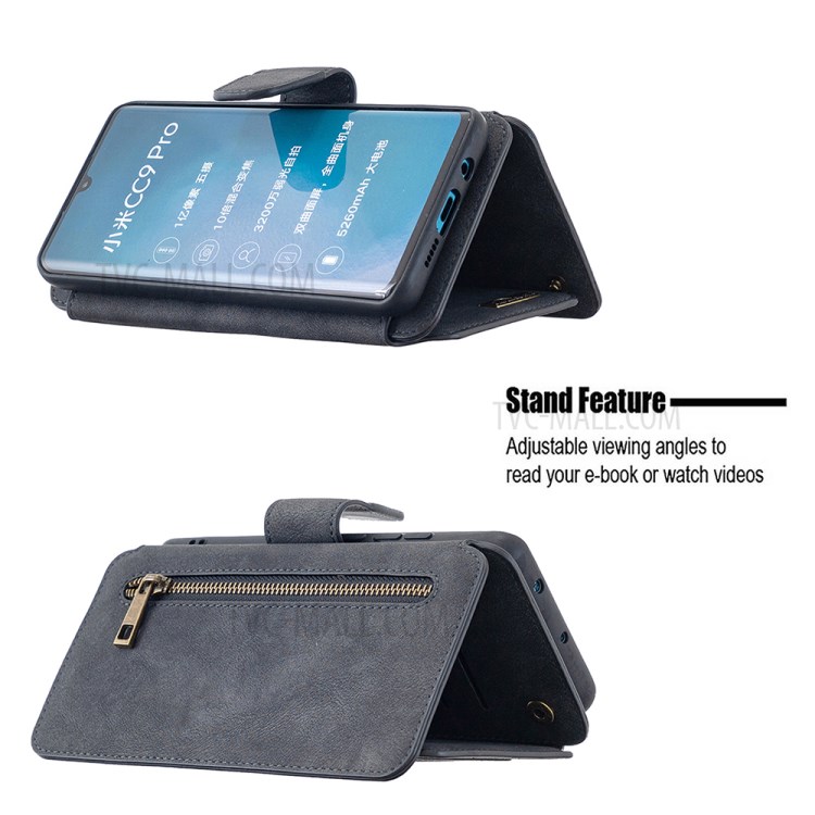 Matte Surface Leather Wallet Stand Detachable 2 in 1 Cell Phone Cover Case for Xiaomi Mi CC9 Pro - Black-10