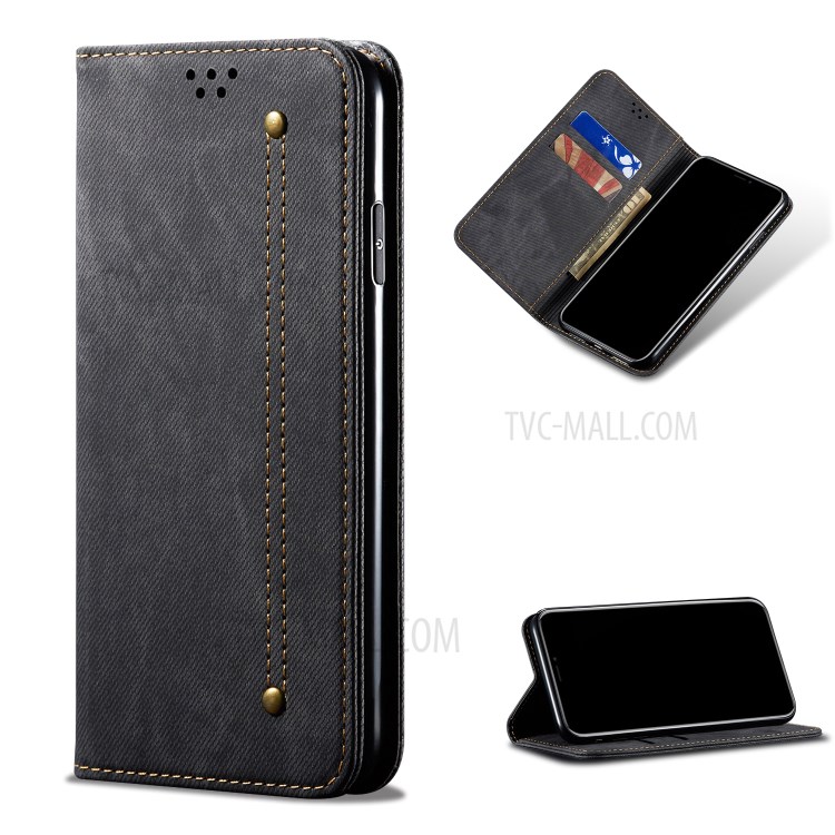 Leisure Style Jeans Cloth Leather Wallet Stand Mobile Phone Case for Xiaomi Redmi K30 Ultra - Black-1