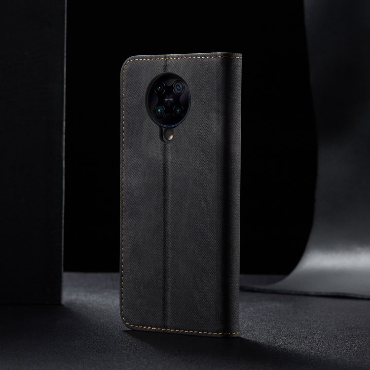 Leisure Style Jeans Cloth Leather Wallet Stand Mobile Phone Case for Xiaomi Redmi K30 Ultra - Black-10