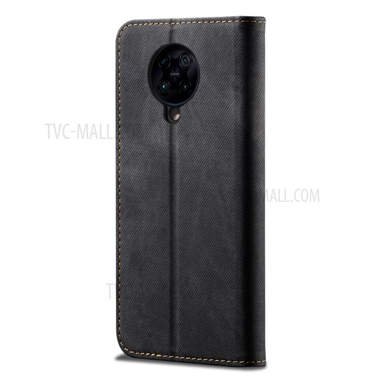 Leisure Style Jeans Cloth Leather Wallet Stand Mobile Phone Case for Xiaomi Redmi K30 Ultra - Black-3