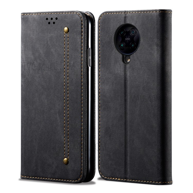 Leisure Style Jeans Cloth Leather Wallet Stand Mobile Phone Case for Xiaomi Redmi K30 Ultra - Black-7