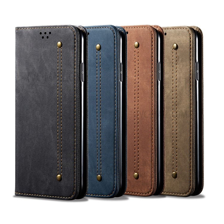 Leisure Style Jeans Cloth Leather Wallet Stand Mobile Phone Case for Xiaomi Redmi K30 Ultra - Black-8