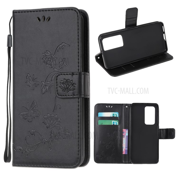 Imprint Butterfly Flowers Leather Wallet Stand Case for Xiaomi Mi 10T 5G / Mi 10T Pro 5G - Black-1