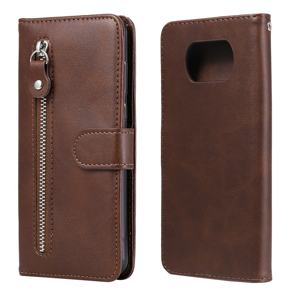Zipper Pocket Leather Wallet Stand Case for Xiaomi Poco X3 / Poco X3 NFC - Brown-1