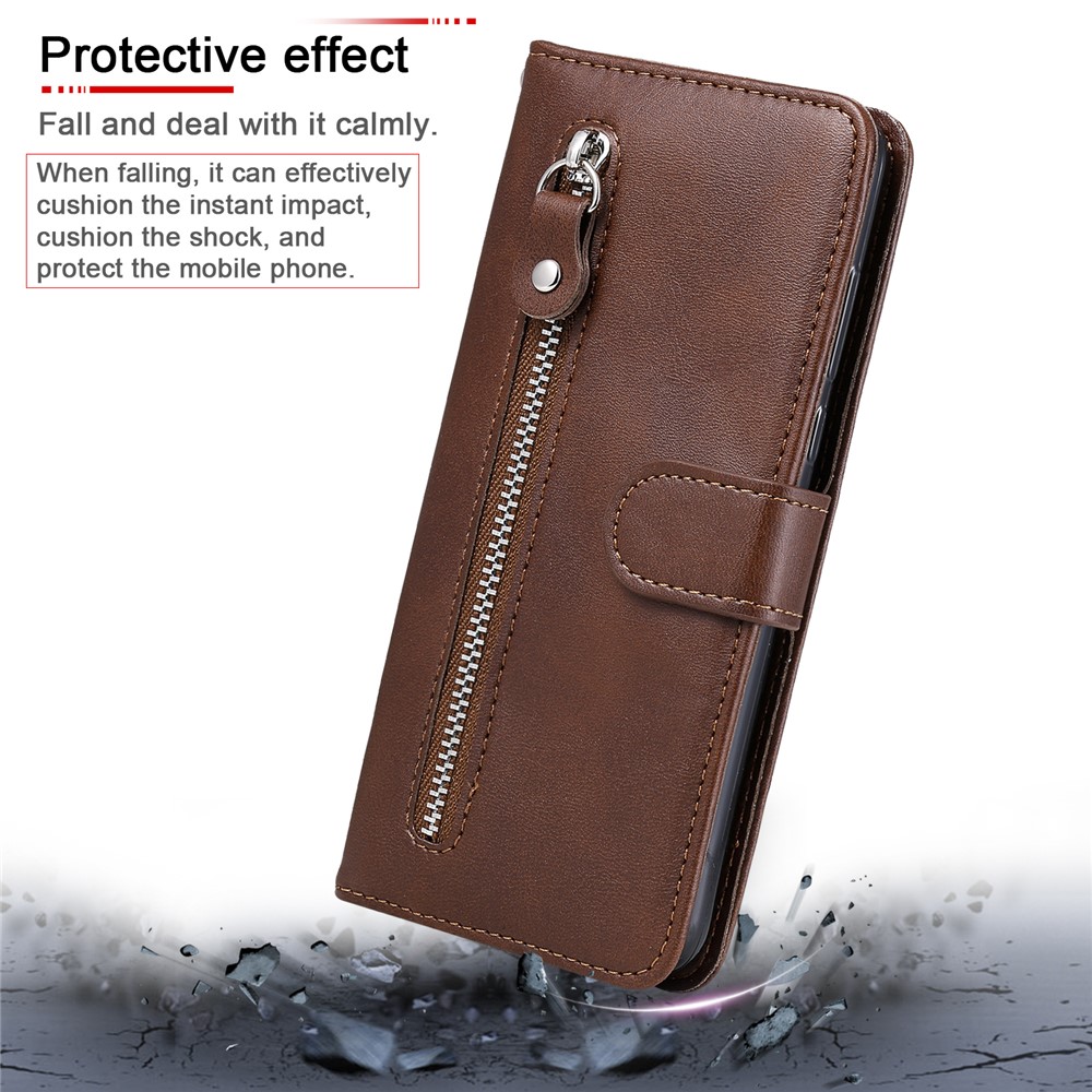 Zipper Pocket Leather Wallet Stand Case for Xiaomi Poco X3 / Poco X3 NFC - Brown-11