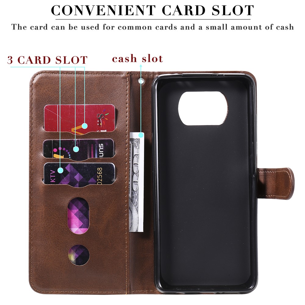Zipper Pocket Leather Wallet Stand Case for Xiaomi Poco X3 / Poco X3 NFC - Brown-12