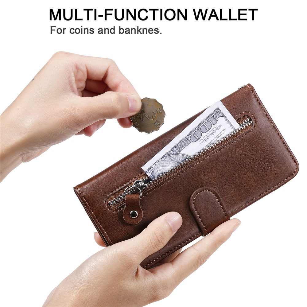Zipper Pocket Leather Wallet Stand Case for Xiaomi Poco X3 / Poco X3 NFC - Brown-14