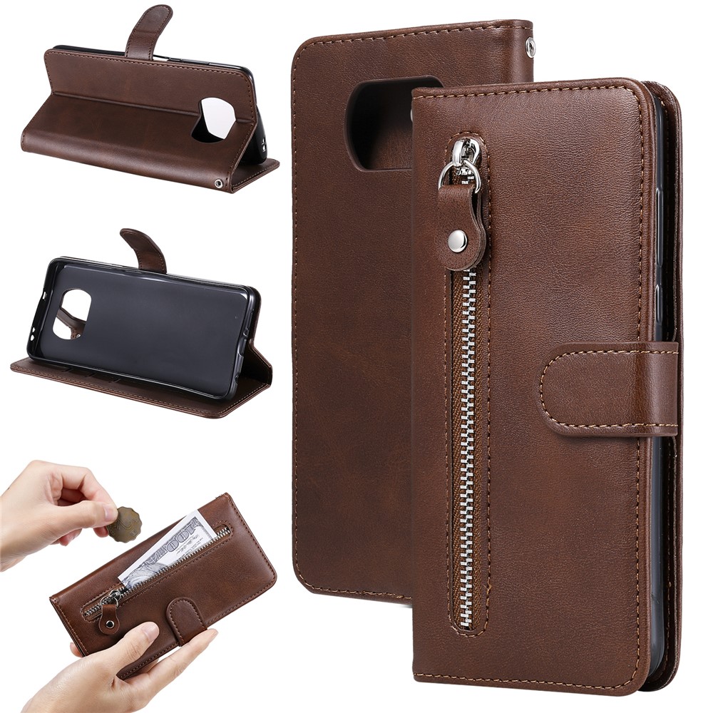 Zipper Pocket Leather Wallet Stand Case for Xiaomi Poco X3 / Poco X3 NFC - Brown-15