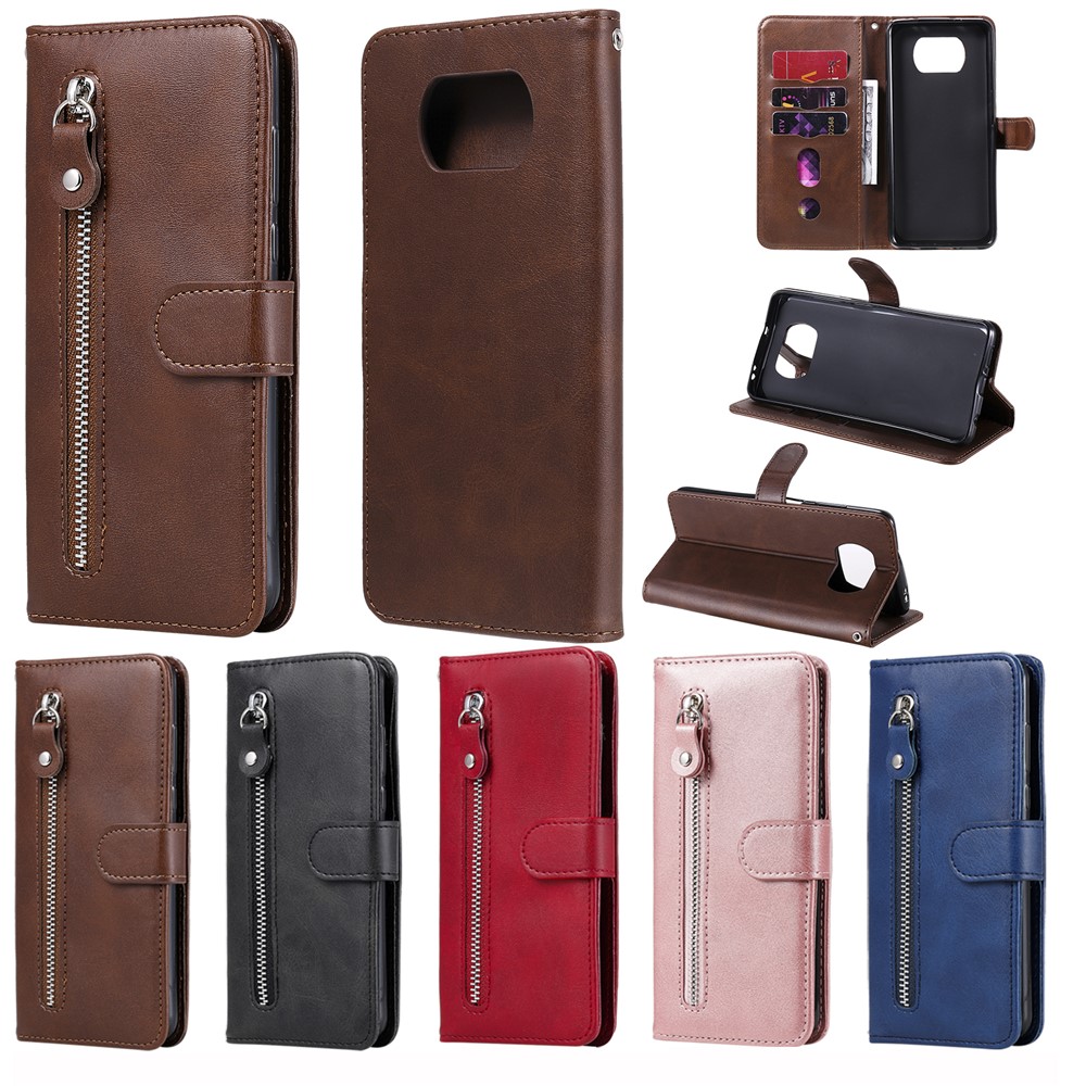 Case de Billetera de Cuero de Bolsillo Con Cremallera Para Xiaomi Poco X3 / Poco X3 NFC - Marrón