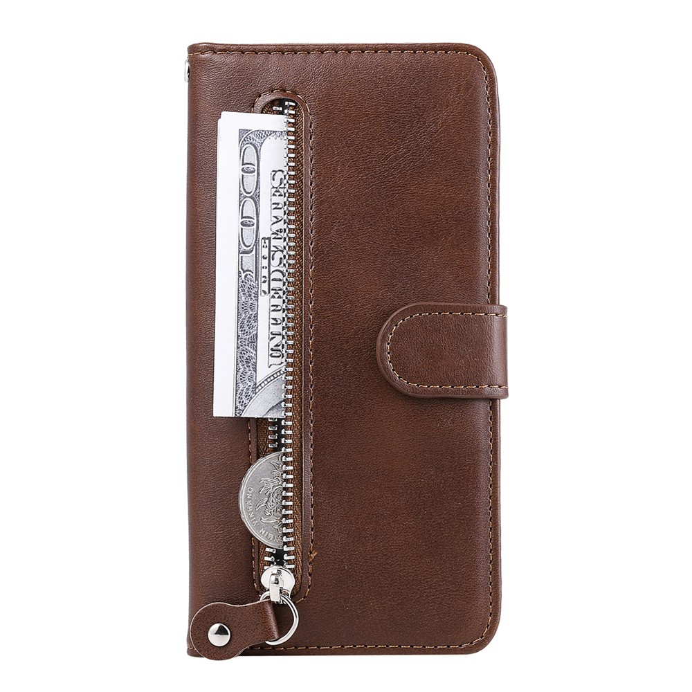 Zipper Pocket Leather Wallet Stand Case for Xiaomi Poco X3 / Poco X3 NFC - Brown-2