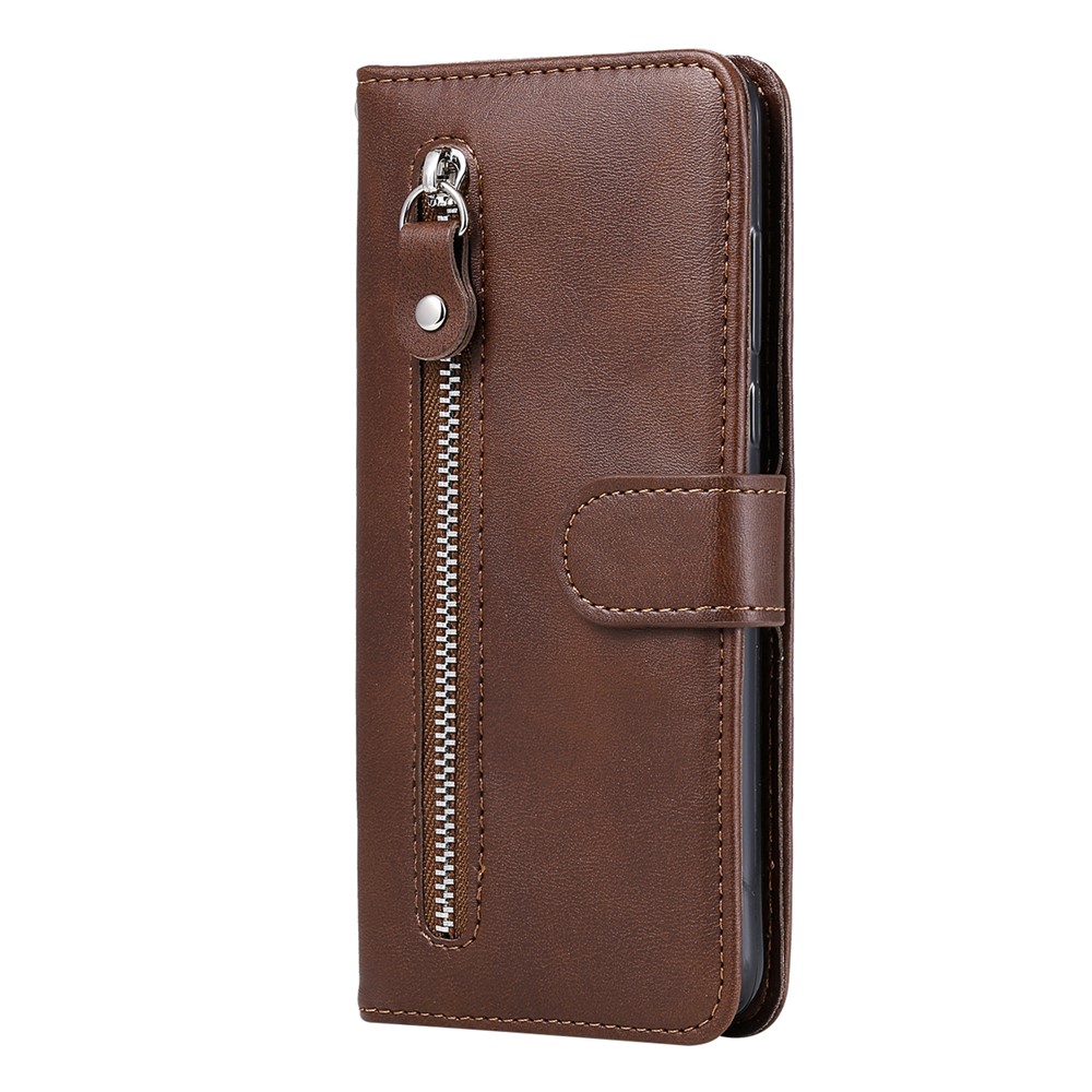 Zipper Pocket Leather Wallet Stand Case for Xiaomi Poco X3 / Poco X3 NFC - Brown-3