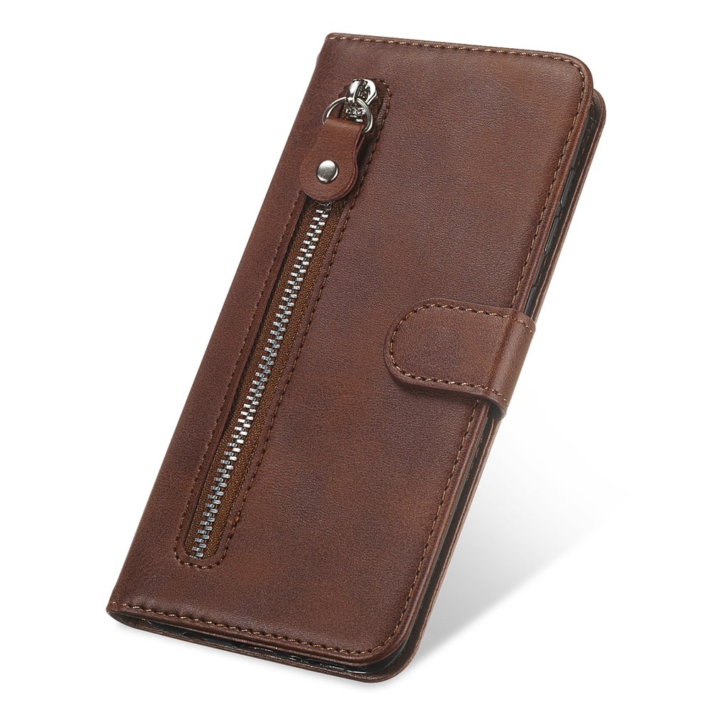 Zipper Pocket Leather Wallet Stand Case for Xiaomi Poco X3 / Poco X3 NFC - Brown-9