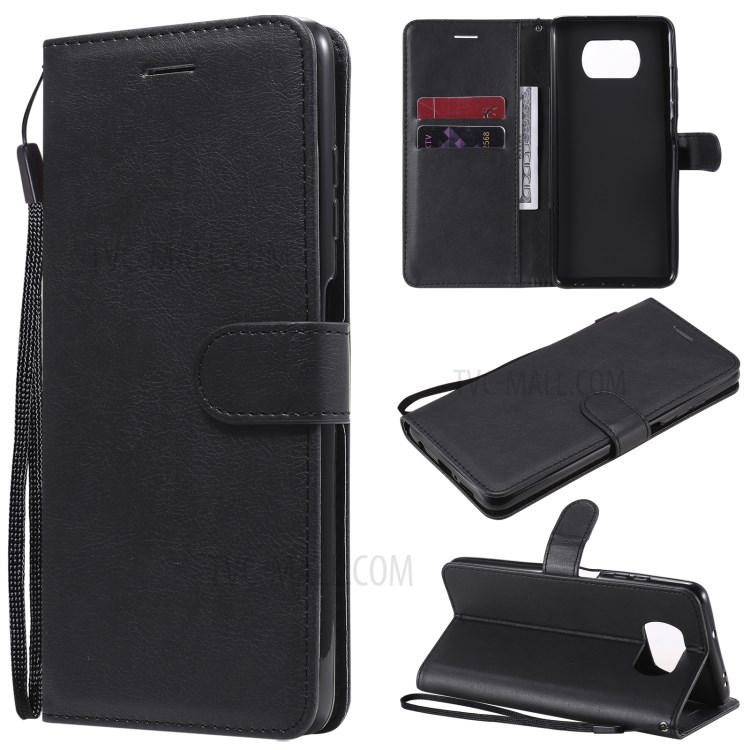 TPU + PU Leather Wallet Stand Case + Handy Strap for Xiaomi Poco X3/Poco X3 NFC - Black-1