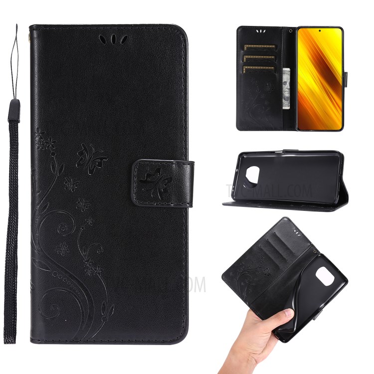 Imprint Butterfly Flower Leather Case with Strap for Xiaomi Poco X3 NFC - Black-1